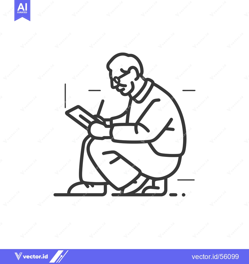 Premium Vector dari Line Drawing of a Man Squatting and Writing on a Tablet