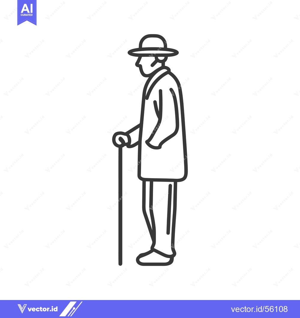 Premium Vector dari Line drawing of a man wearing a hat and holding a cane