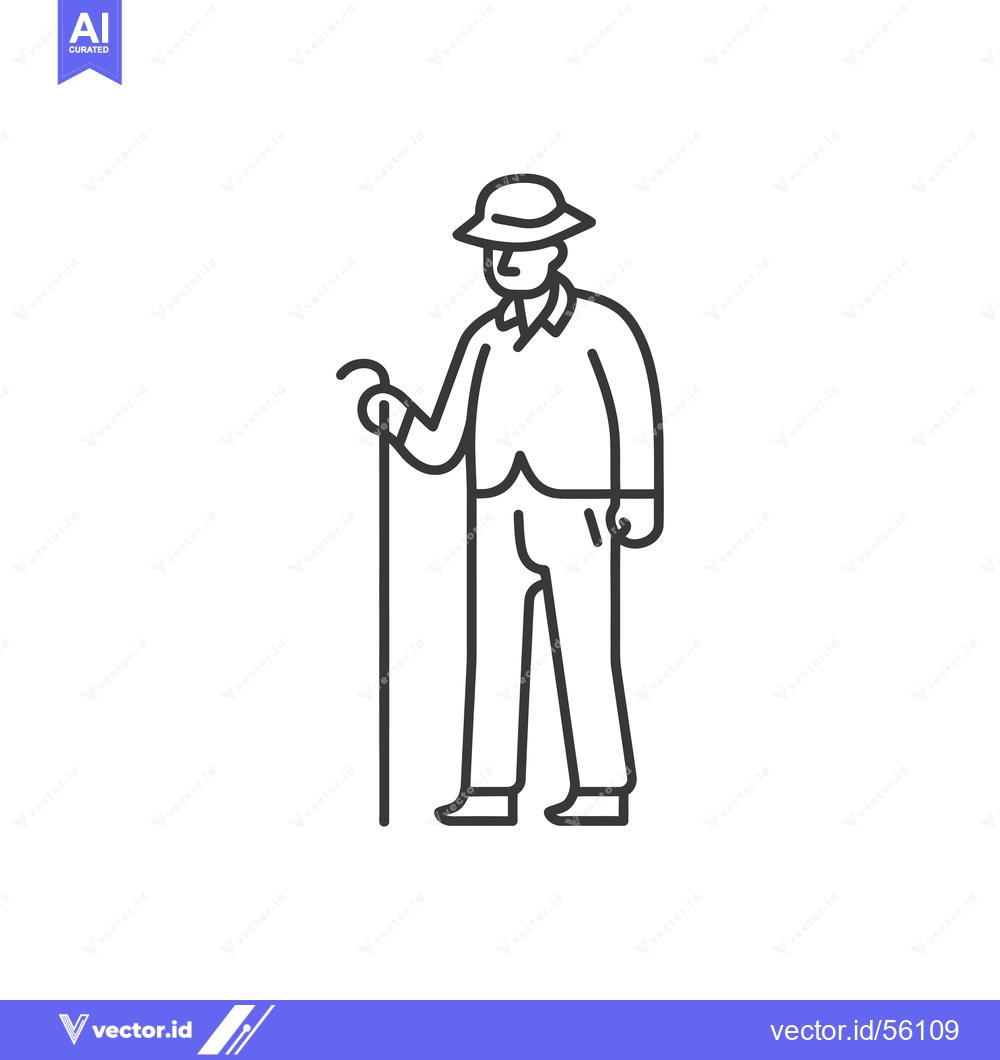 Premium Vector dari Line drawing of a man wearing a hat and holding a stick