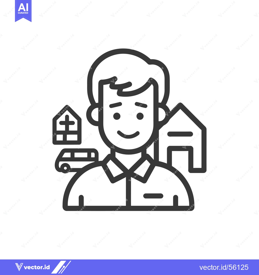 Premium Vector dari Line drawing of a man with a house, garage, and car behind him