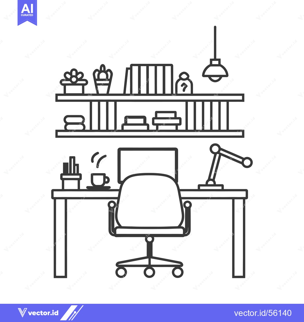 Premium Vector dari Line drawing of a modern home office desk with a chair, a computer, an