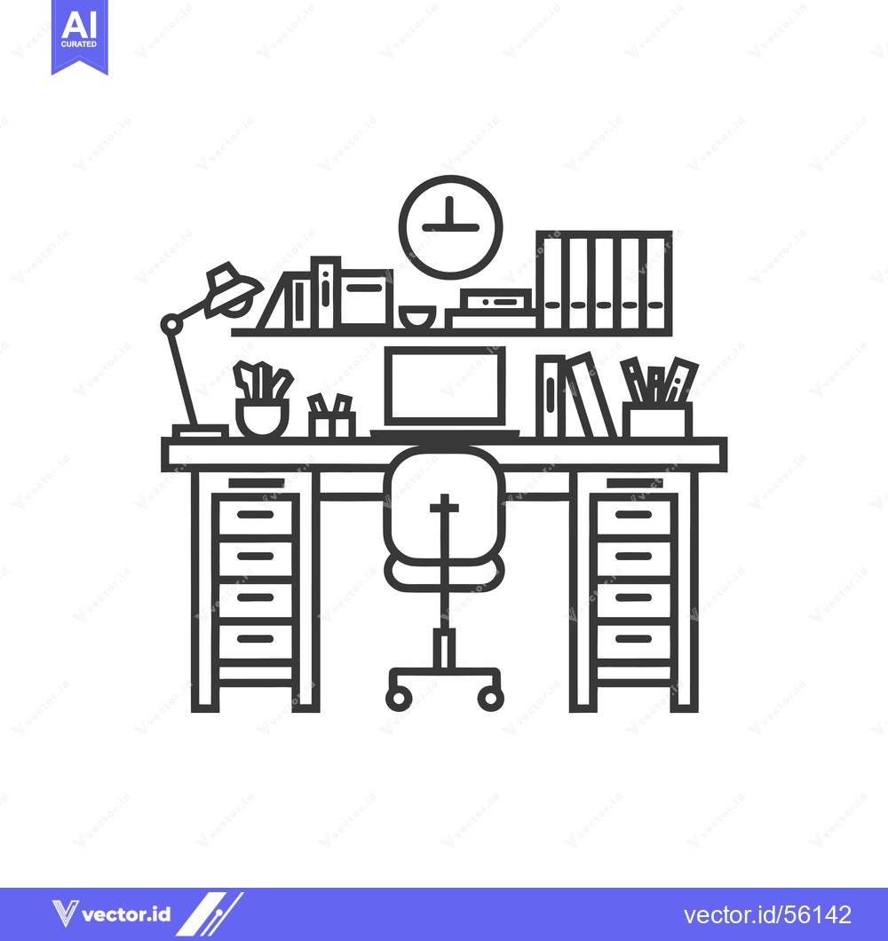 Premium Vector of Line Drawing of a Modern Office Desk with a Laptop