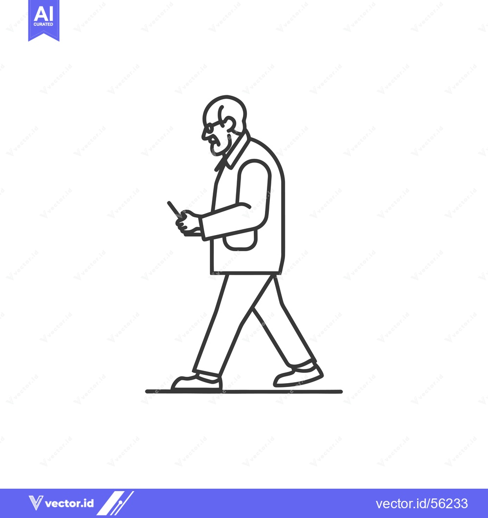 Premium Vector of Line Drawing of an Elderly Man Walking and Looking at a Smartphone