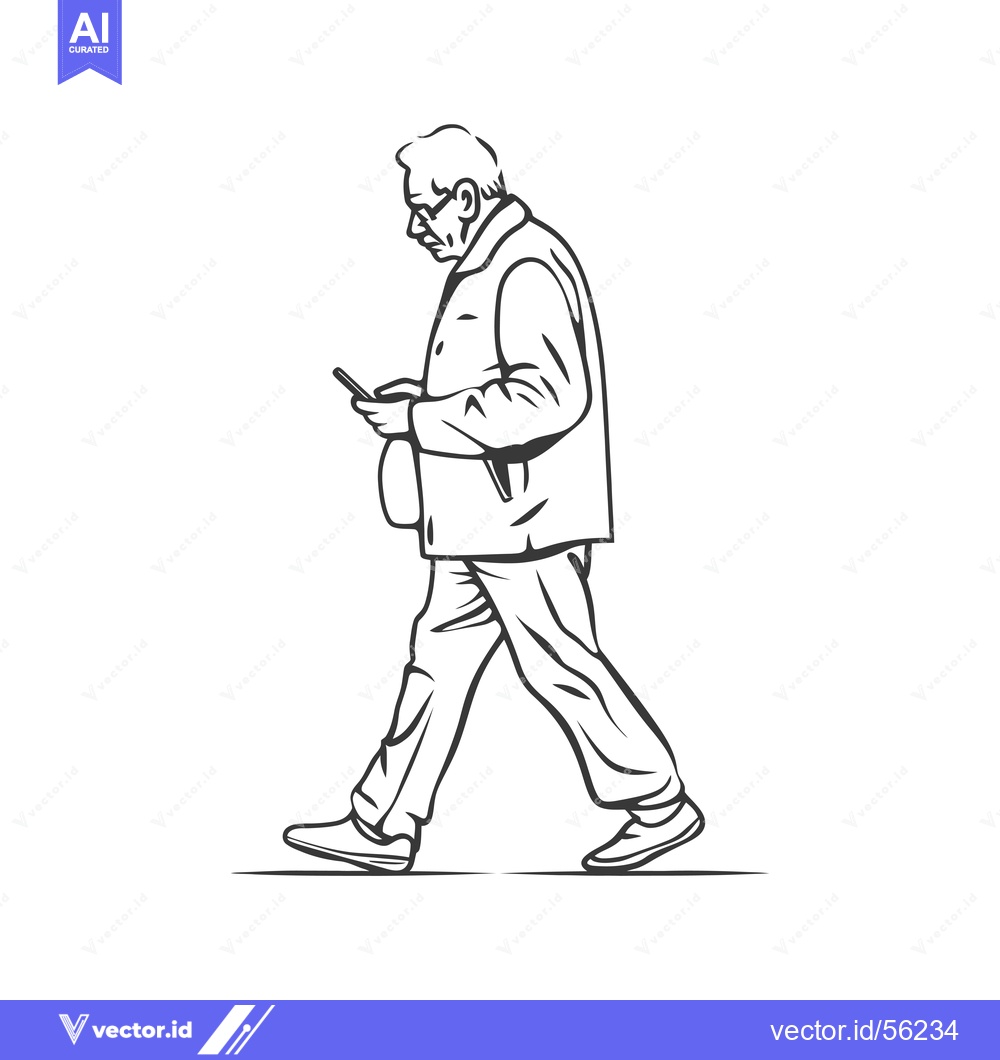 Premium Vector dari Line Drawing of an Elderly Man Walking and Using a Phone