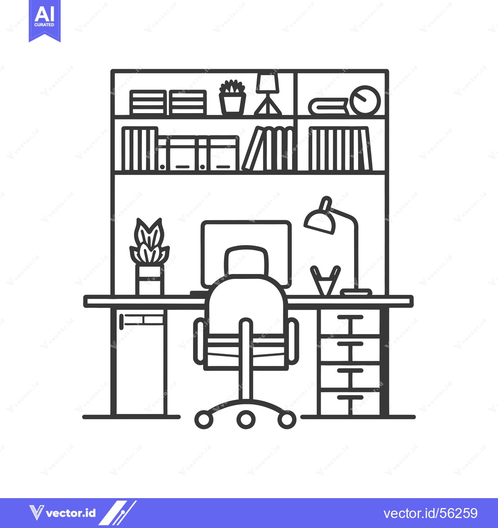 Premium Vector dari Line drawing of an office desk with a chair, computer, and shelves