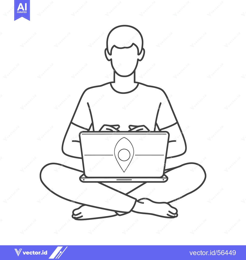 Premium Vector dari Line drawing of a person sitting cross-legged using a laptop with a lo