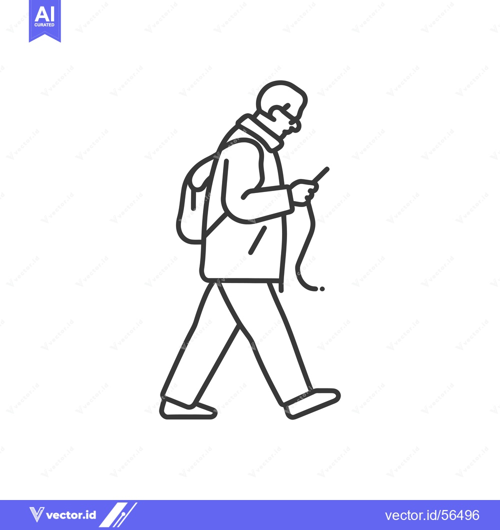 Premium Vector of Line drawing of a person walking with a backpack and looking at a phon
