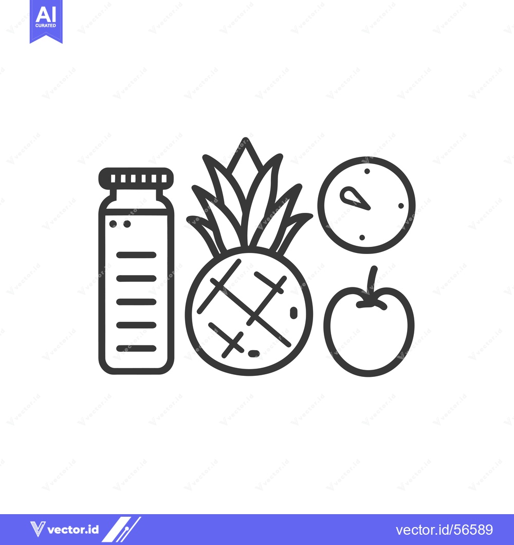 Premium Vector dari Line drawing of a pineapple, apple, water bottle, and clock