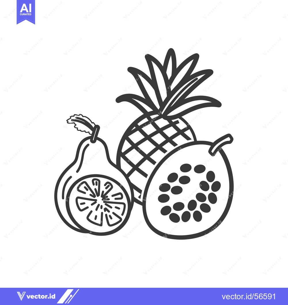 Premium Vector dari Line Drawing of a Pineapple, Passion Fruit, and a Guava
