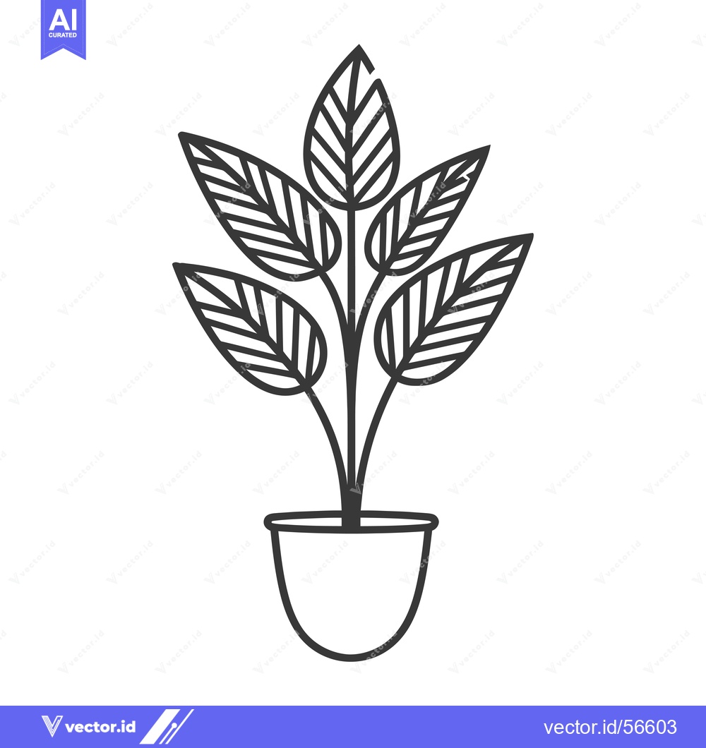 Premium Vector dari Line Drawing of a Plant in a Pot with Five Leaves