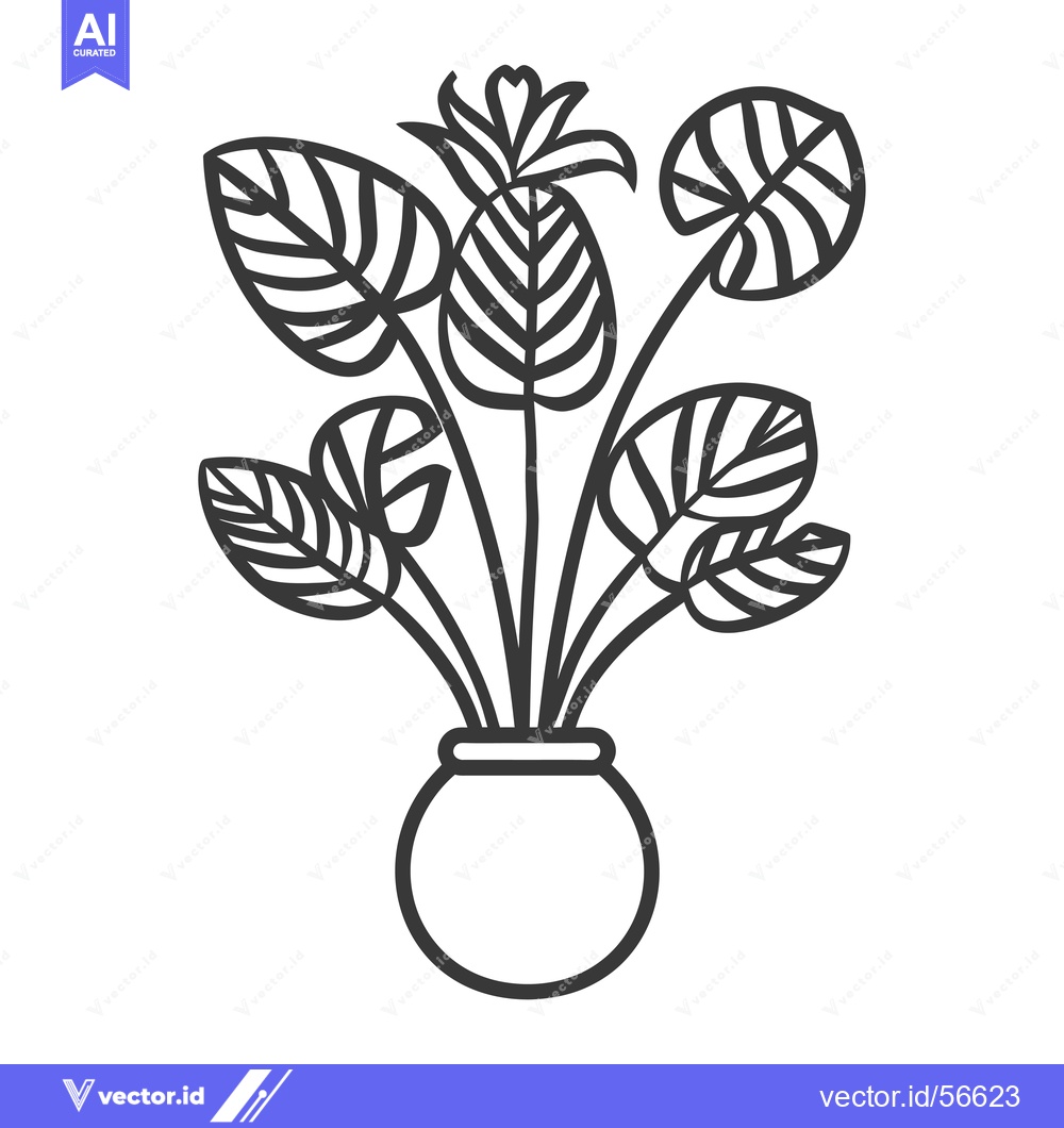 Premium Vector of Line Drawing of a Potted Plant with Tropical Leaves