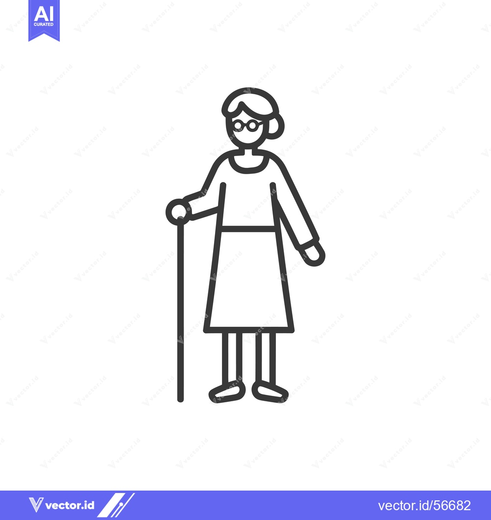 Premium Vector dari Line drawing of a senior woman with glasses and a walking stick