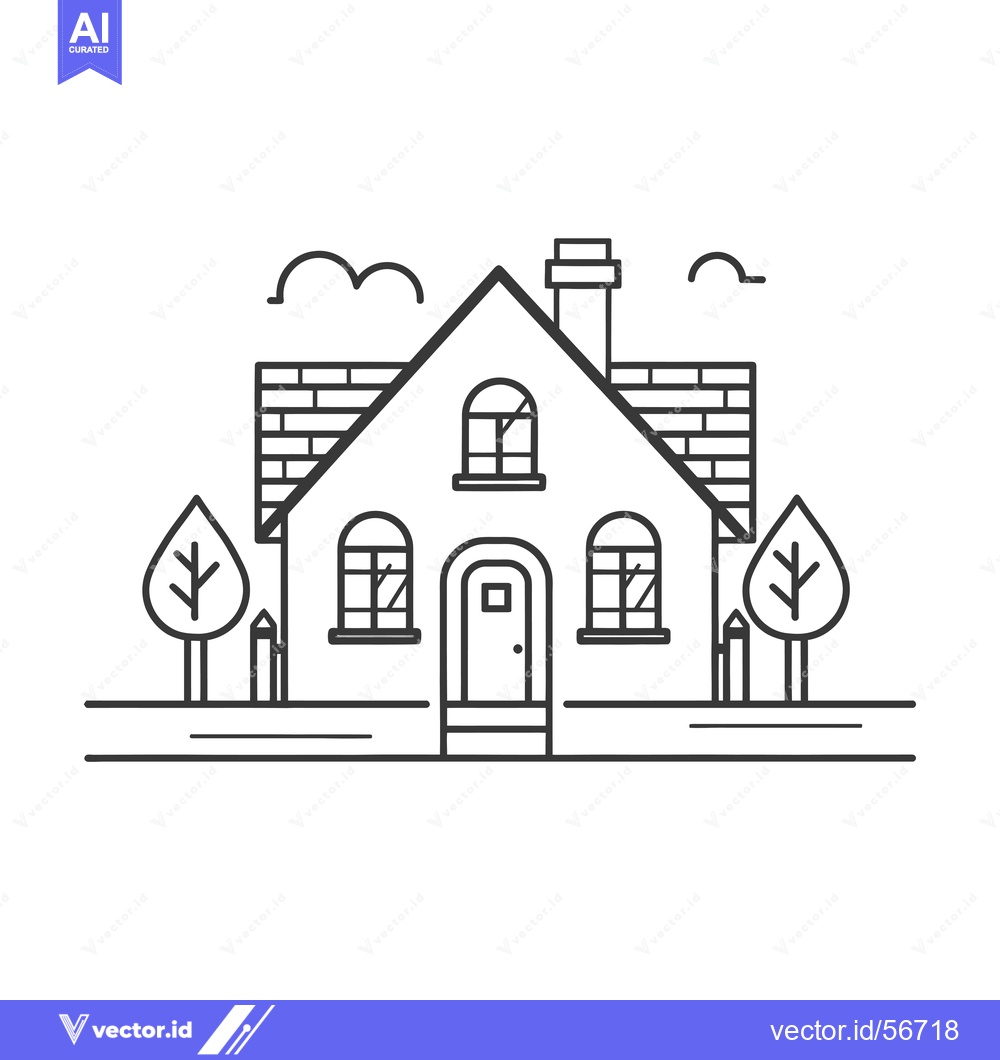 Premium Vector dari Line Drawing of a Simple House with a Chimney and Two Trees
