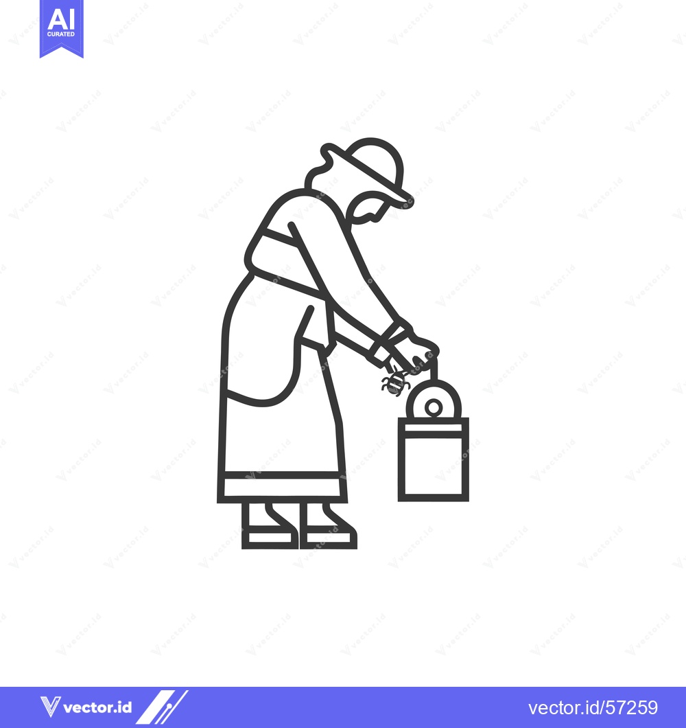 Premium Vector of Line drawing of a woman in a long dress and hat placing a bee into a j