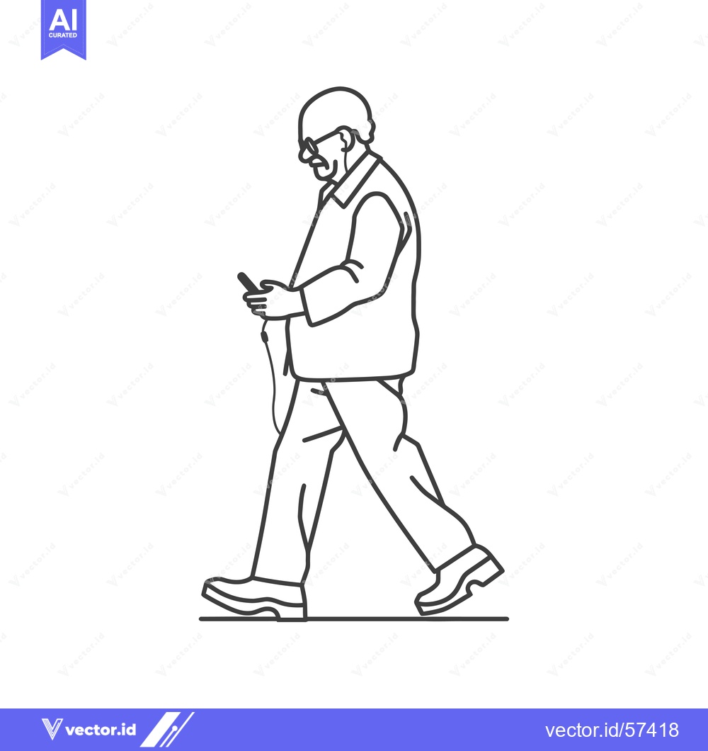 Premium Vector dari Line Drawing of Elderly Man Walking and Looking at Phone