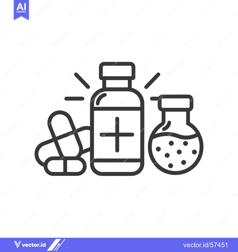 Premium Vector dari Line Drawing of Medical Supplies with Pills, Bottle, and Flask