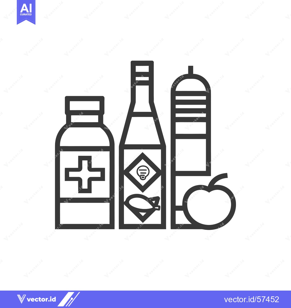 Premium Vector of Line Drawing of Medicine Bottle, Oil Bottle, Water Bottle, and Apple