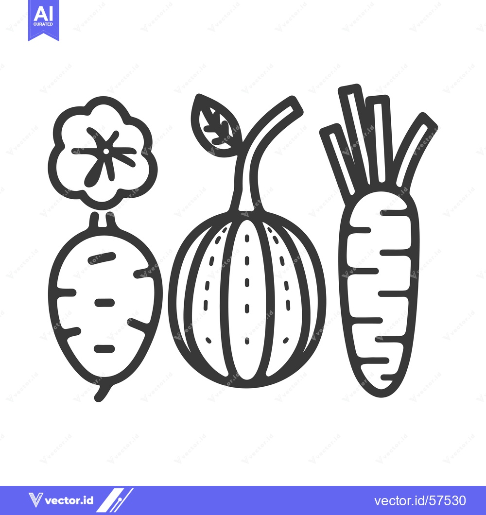 Premium Vector of Line Drawing of Three Vegetables: Turnip, Pumpkin, and Carrot