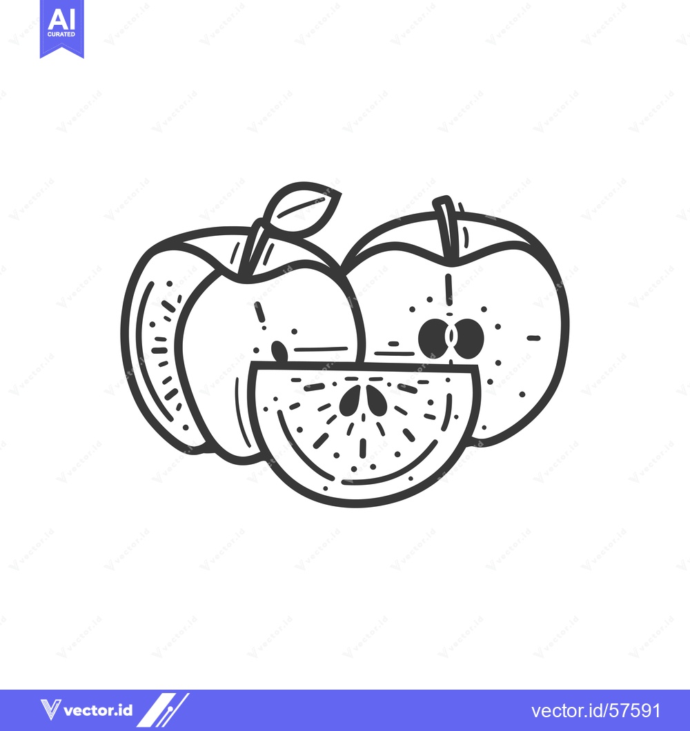 Premium Vector dari Line drawing of two whole apples and a slice of apple