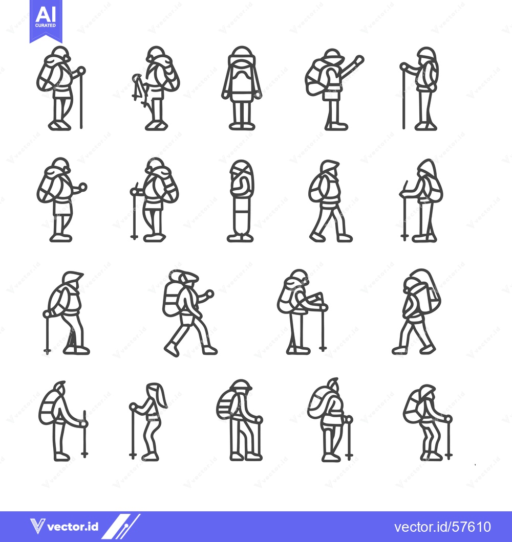 Premium Vector dari Line Drawings of Backpackers Hiking with Trekking Poles