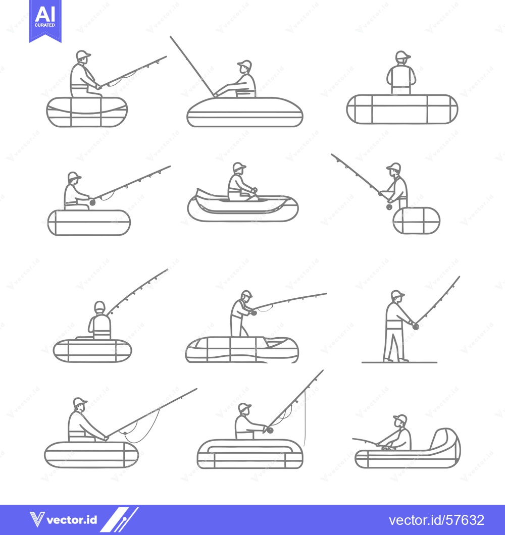 Premium Vector of Line Drawings of Fishermen in Boats and Standing, Holding Fishing Rods
