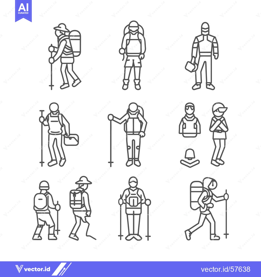 Premium Vector dari Line Drawings of Hikers with Backpacks and Trekking Poles