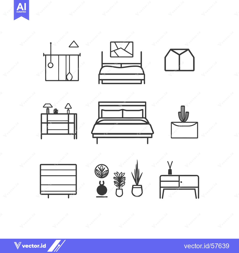Premium Vector of Line Drawings of Interior Design Elements for a Bedroom