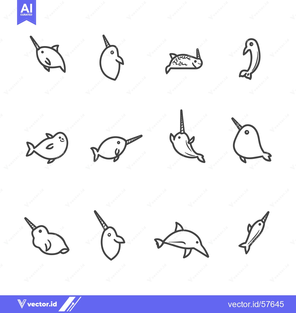 Premium Vector dari Line Drawings of Narwhals, Dolphins, and Fish