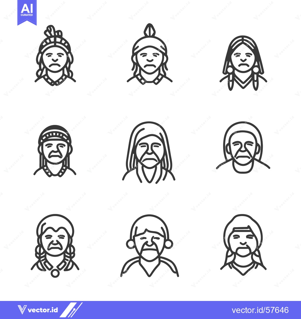Premium Vector of Line Drawings of Native American Individuals with Various Headwear and