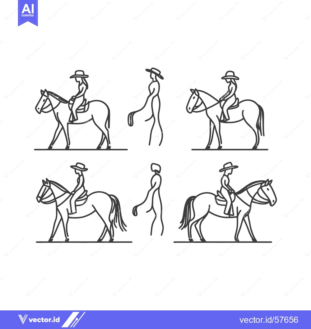 Premium Vector dari Line Drawings of People Riding Horses and Leading Horses