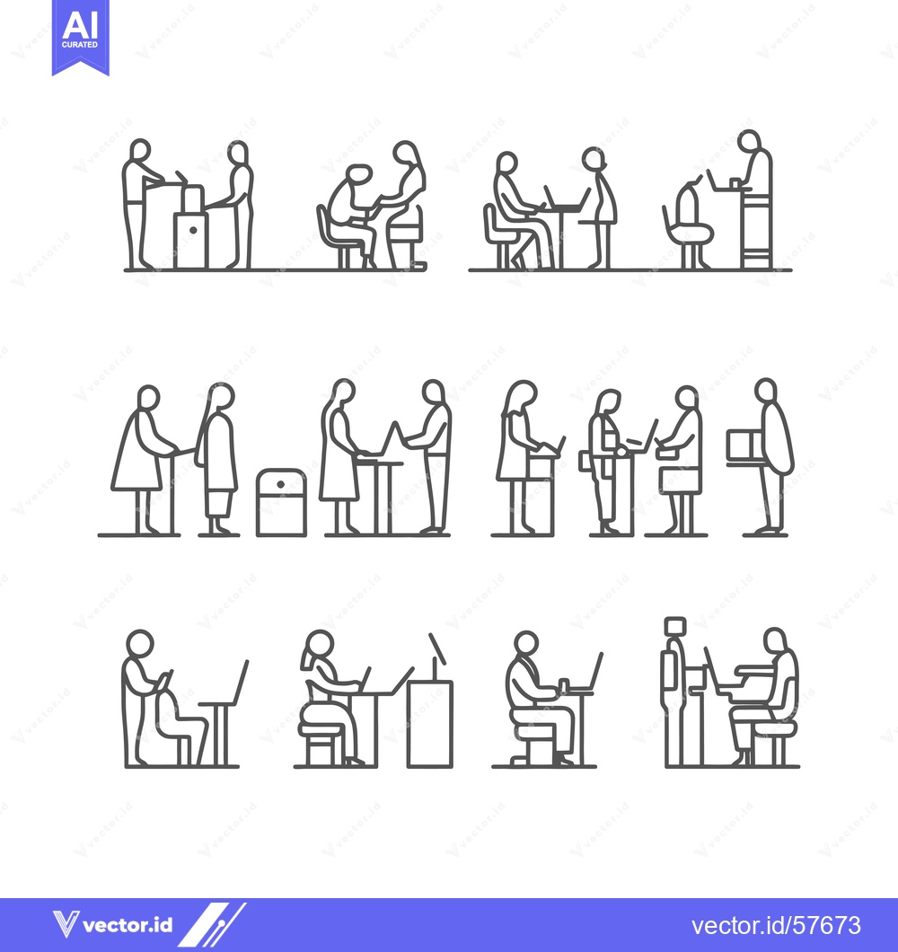 Premium Vector of Line Drawings of People Working at Desks and Presenting