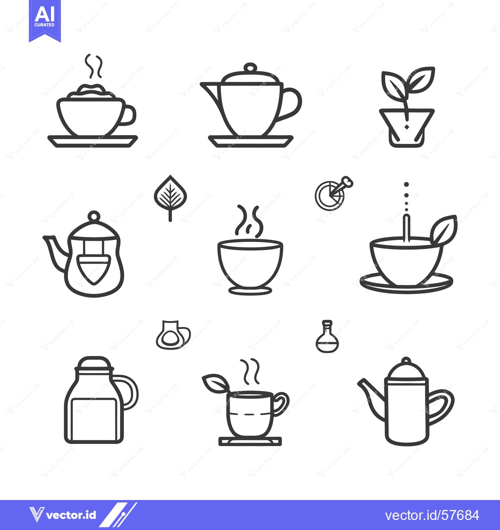 Premium Vector dari Line Drawings of Teacups, Teapots, and Tea Leaves