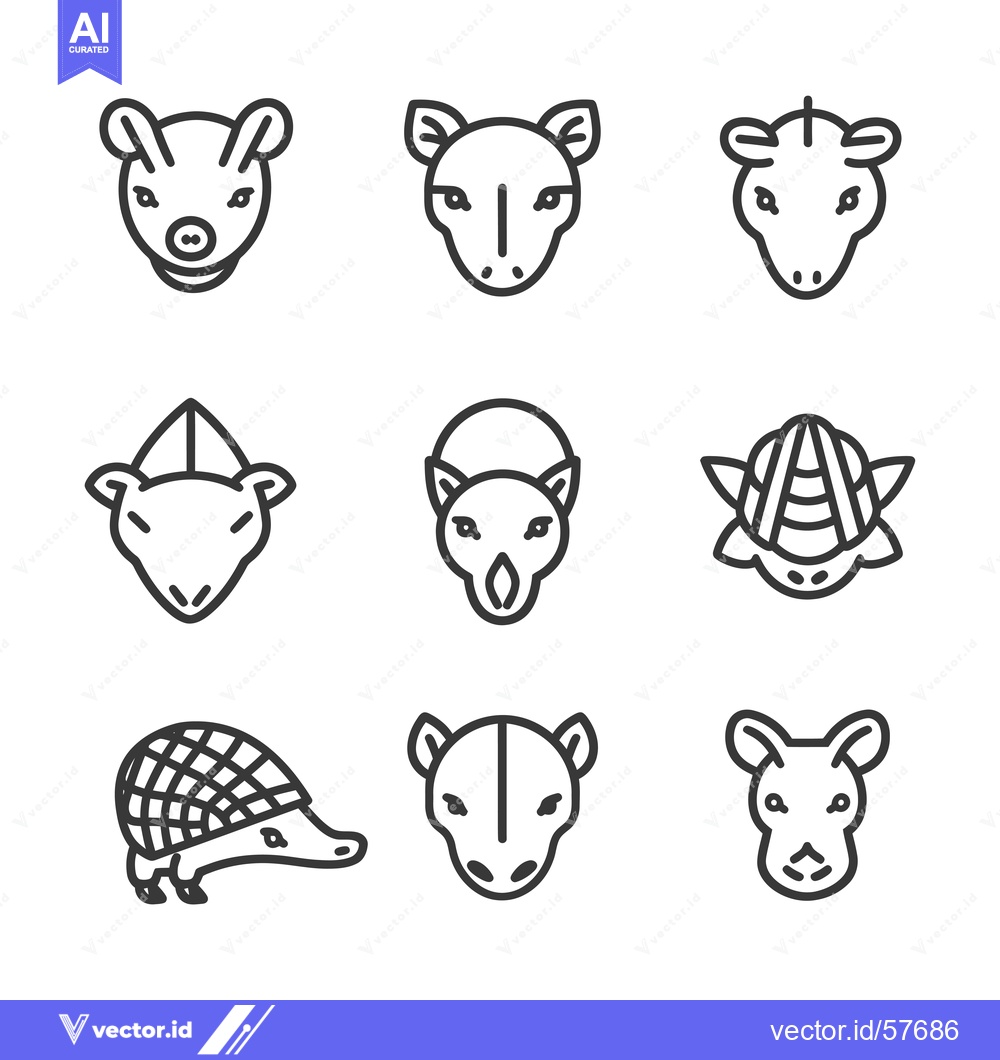 Premium Vector of Line Drawings of Various Animal Heads and One Armadillo