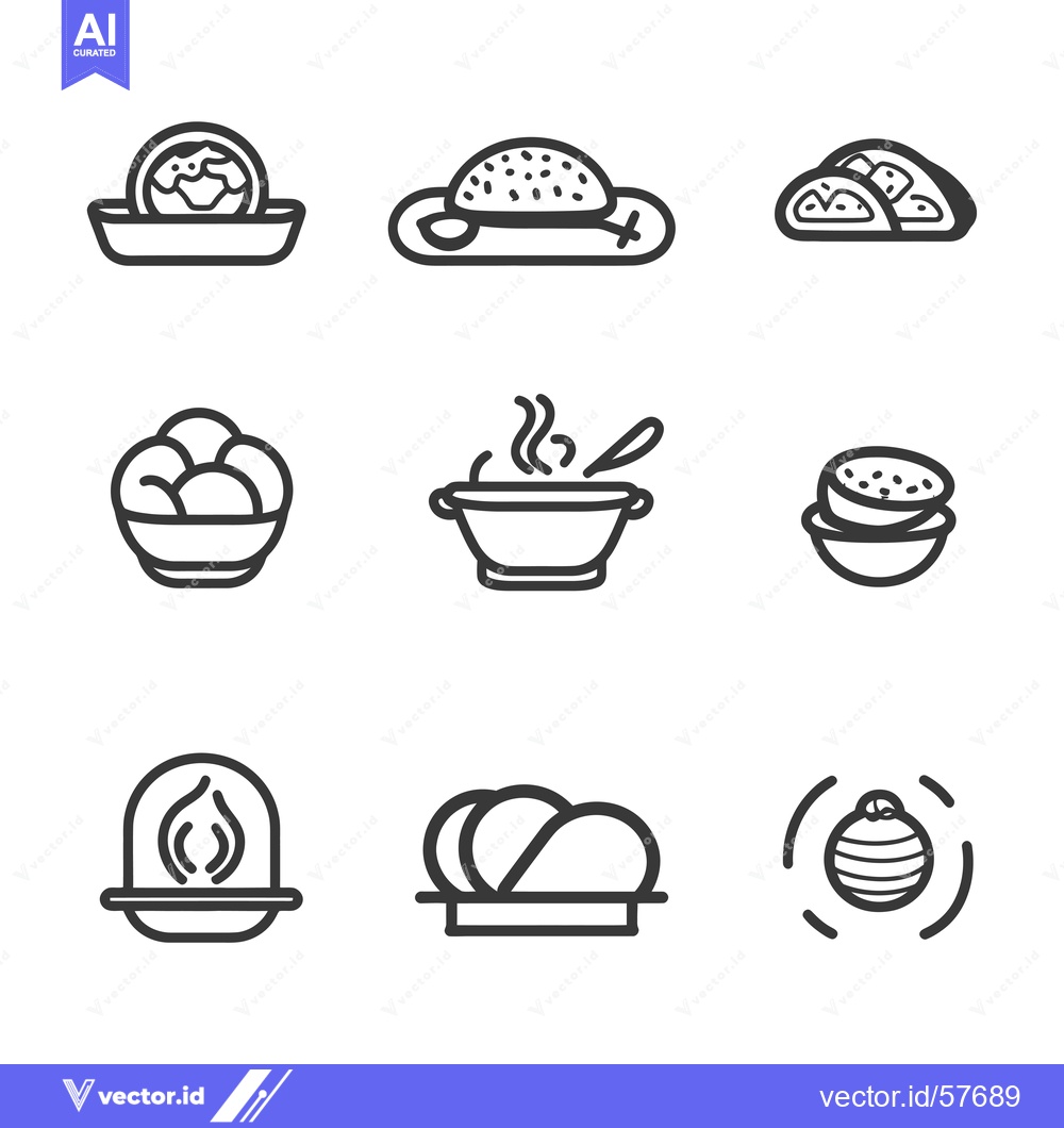 Premium Vector dari Line Drawings of Various Foods in Bowls and on Plates