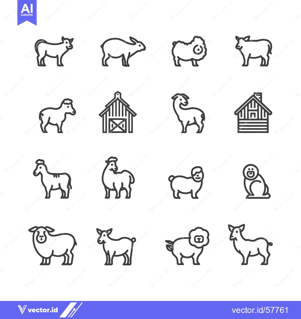 Premium Vector of Line Icons of Farm Animals and Buildings