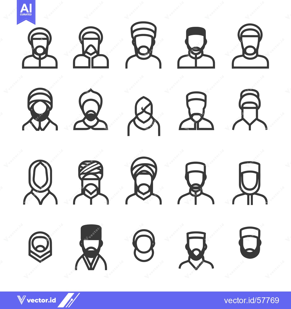 Premium Vector dari Line Icons of Muslim Men and Women Wearing Traditional Headwear