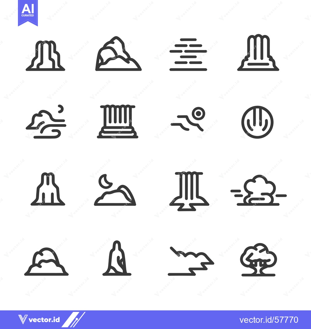 Premium Vector dari Line Icons of Natural Landscapes with Mountains, Trees, Waterfalls, an