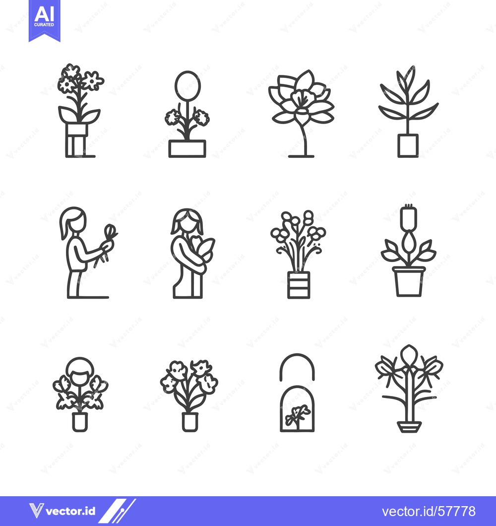 Premium Vector dari Line Icons of Potted Plants, Flowers and People Holding Flowers