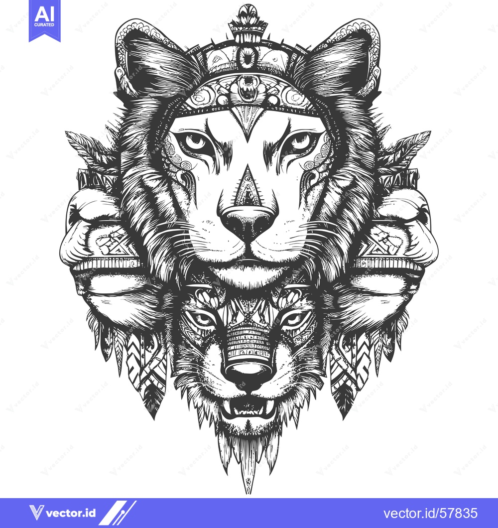Premium Vector dari Lion and Wolf Heads Intertwined with Ornate Tribal Designs