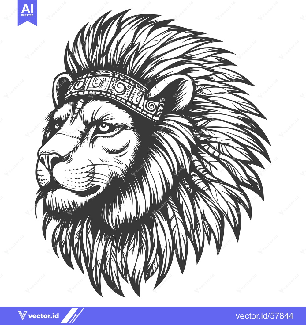 Premium Vector dari Lion with Native American Headdress and Tribal Band
