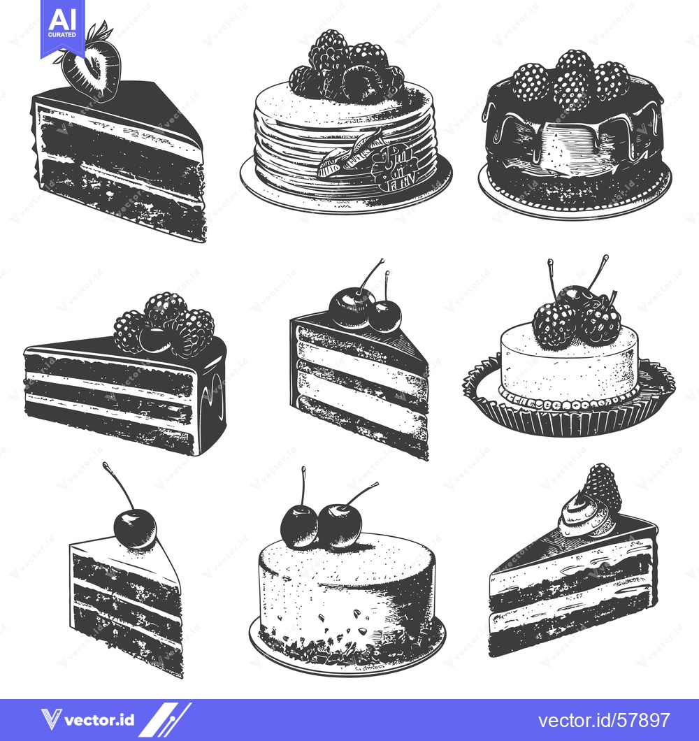 Premium Vector dari Nine different black and white illustrations of delicious dessert cake