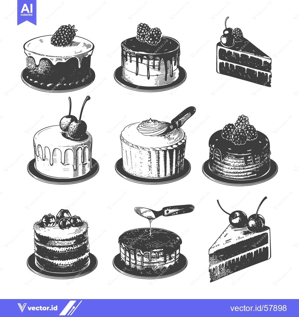 Premium Vector of Nine different decorative cakes each topped with fruit designs