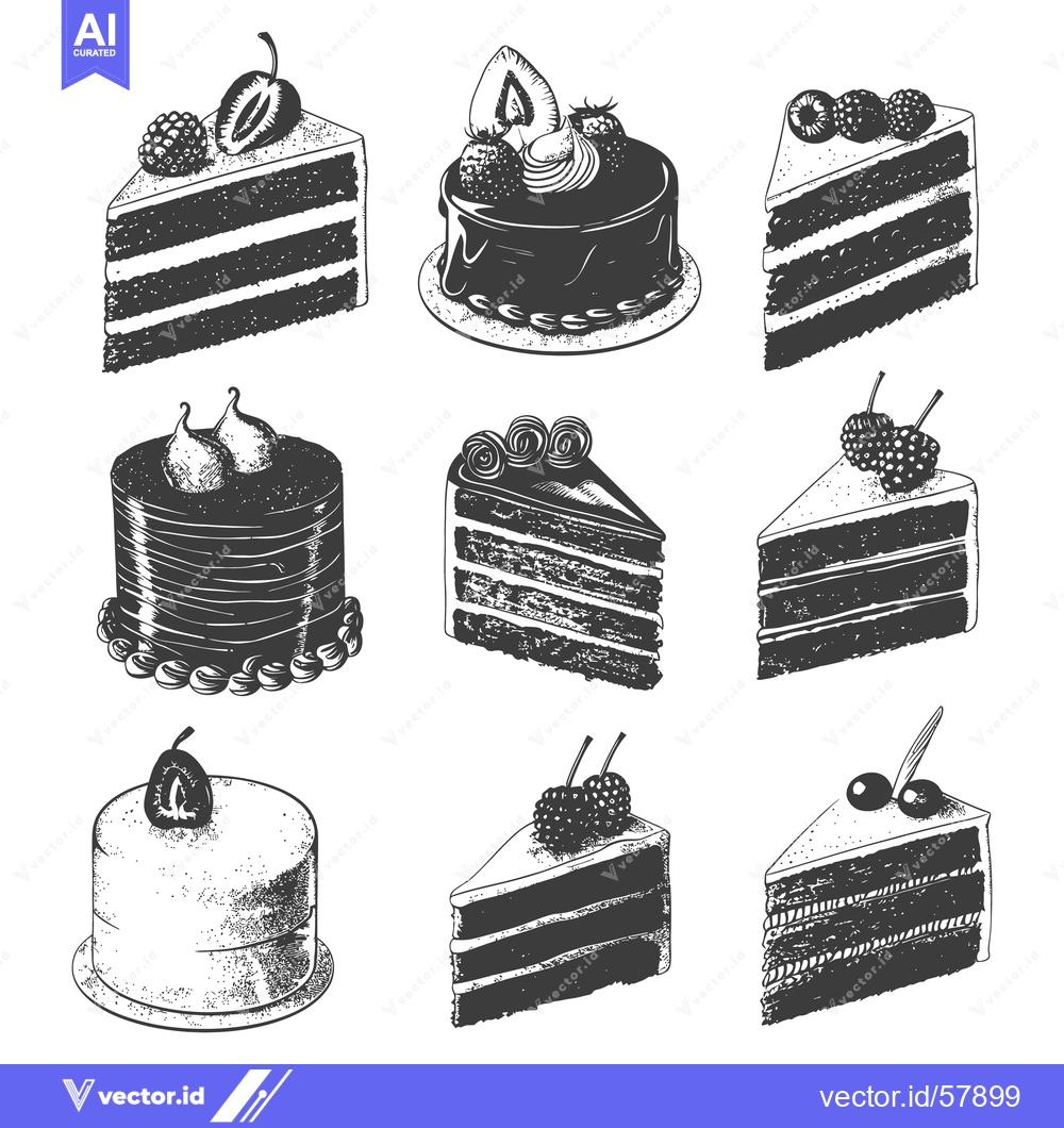 Premium Vector of Nine black and white illustrations of various dessert cakes