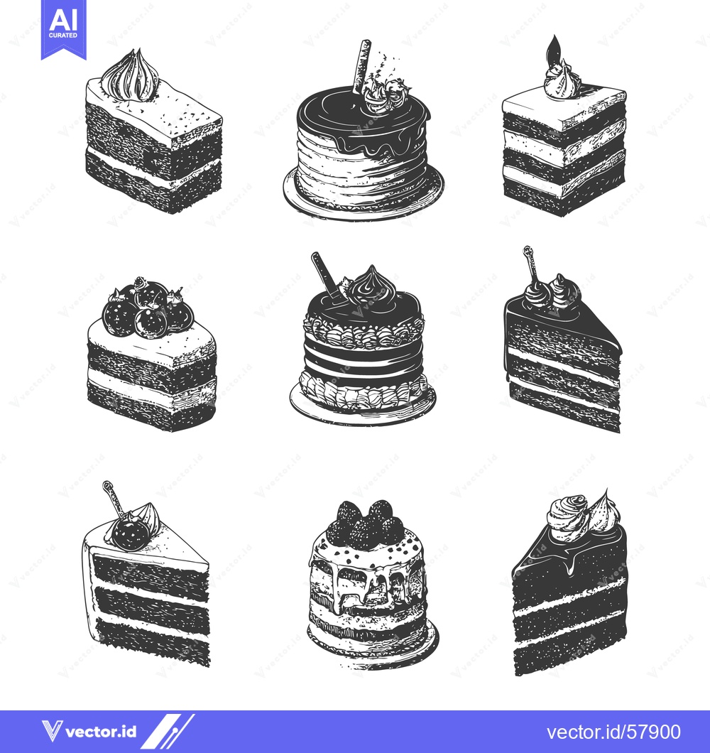 Premium Vector dari Nine different black and white cakes in detailed artistic illustration