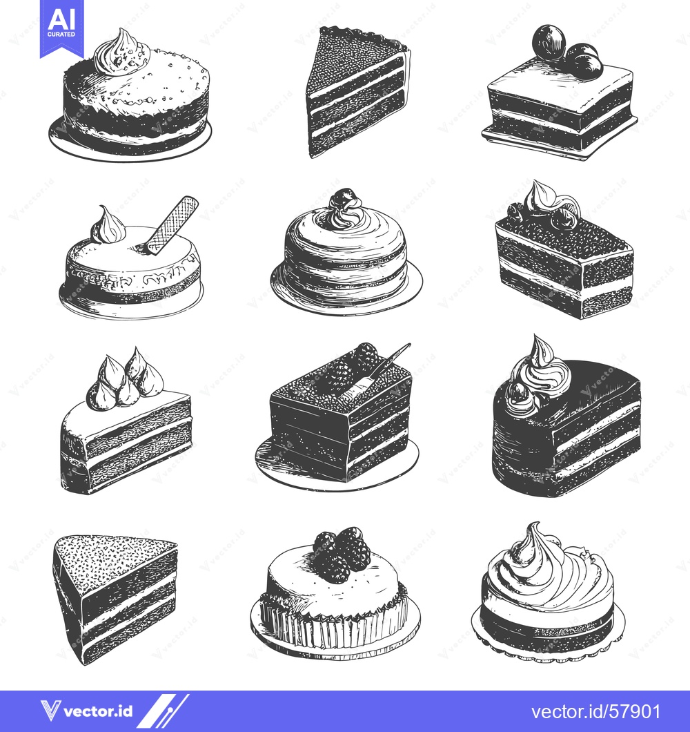 Premium Vector of Various sketched cakes and slices with different decorative toppings
