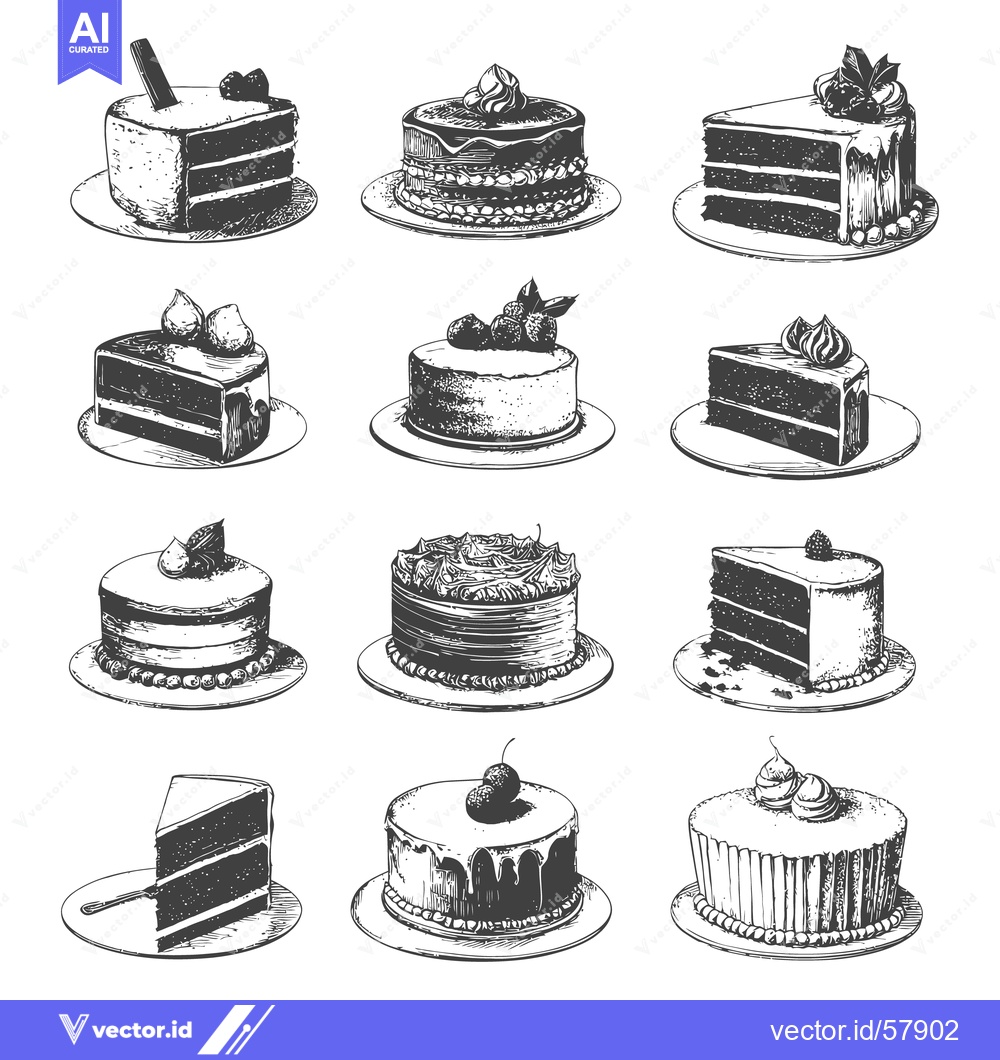 Premium Vector dari Black and white sketch art showing various delicious cakes and slices