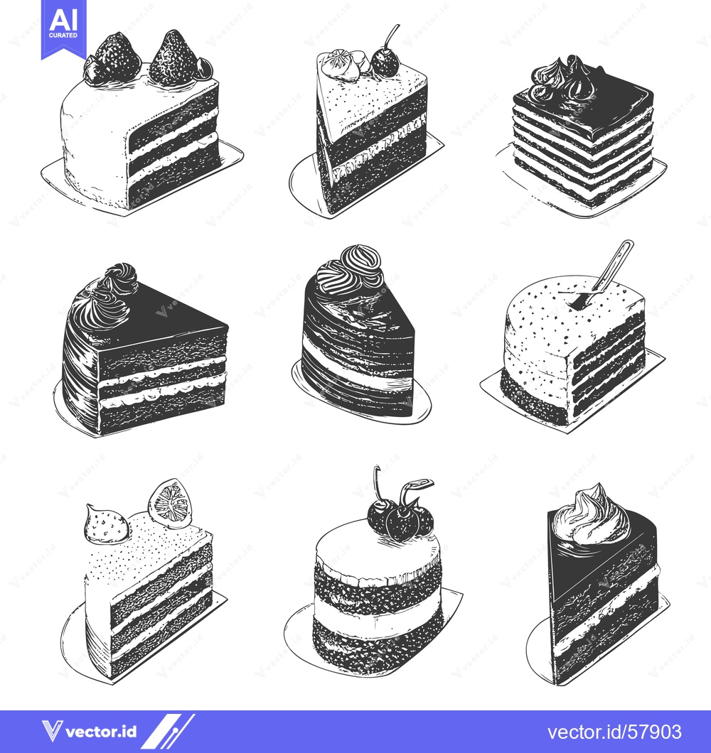 Premium Vector of Ink Drawn Slices of Cakes with Assorted Decorations Displayed