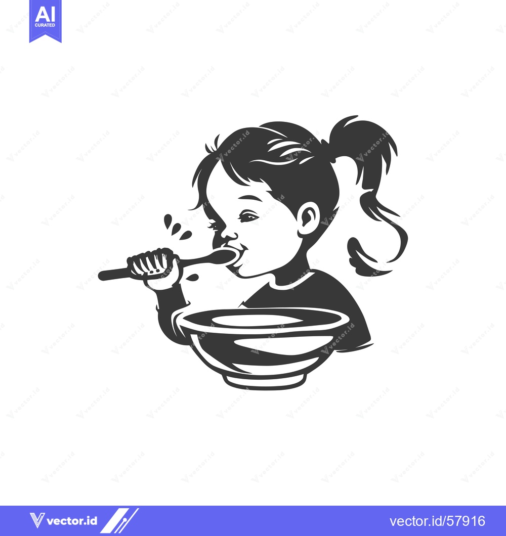 Premium Vector of Little Girl Eating from a Bowl with a Spoon