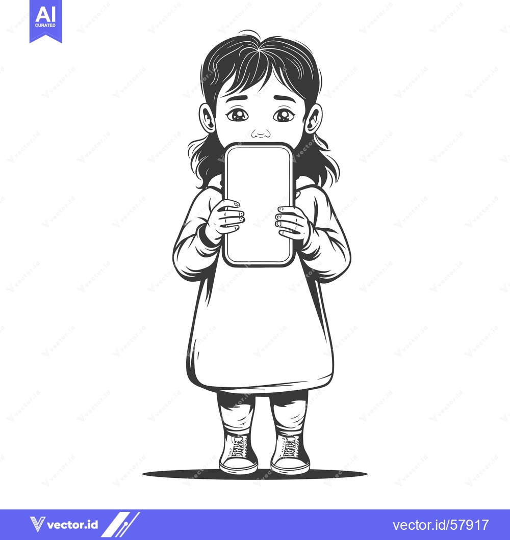 Premium Vector of Little Girl Holding a Smartphone with a Blank Screen
