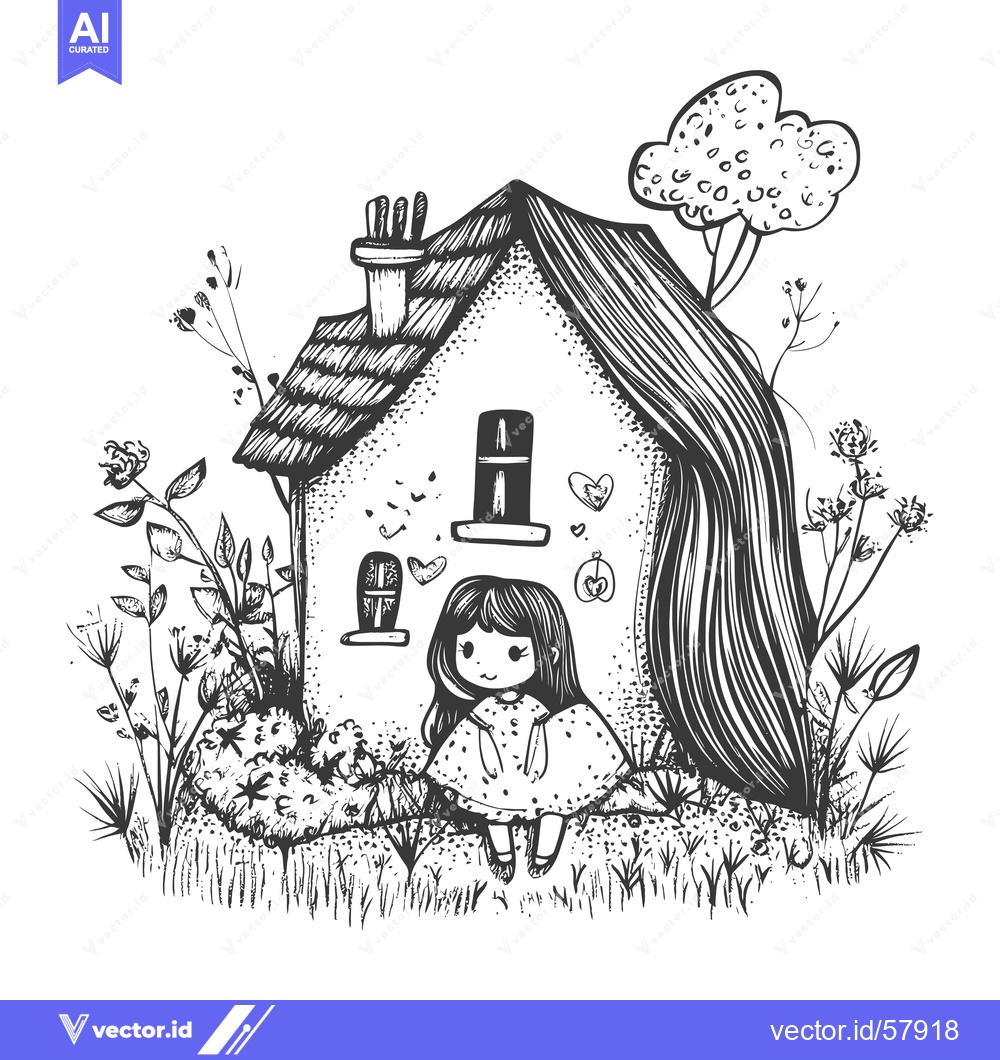 Premium Vector dari Little Girl Standing in Front of a Small House with a Curved Roof